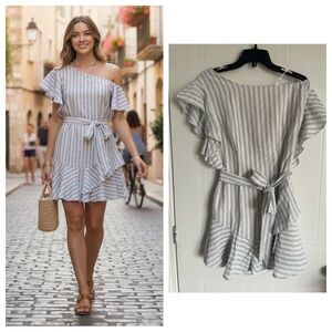 Heartloom Coastal Asymmetric Stripe Dress Ruffle Flutter Sleeve Romantic Blue